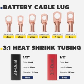 haisstronica Heavy Duty Battery Cable Crimping Tool Kit-Ratchet Hex Extended Handle Crimper for 8,6,4,2,1,1/0 AWG Copper Lugs with Cable Cutter, 32PCS Copper Lugs&Heat Shrink Tubing
