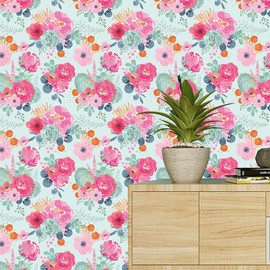 MulYeeh 17.5"x 118" Peel and Stick Wallpaper Vintage Pink Floral Wallpaper Blue Base Contact Paper Vinyl Waterproof Self Adhesive Renter Friendly Wall Paper Cabinet Décor