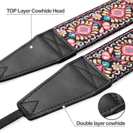 Padwa Lifestyle Camera Strap - 2" Full Grain Leather Ends Camera Straps for Photographers, Vintage Embroidered Cotton Weave Soft Suede Fabric Padded Strap Quick Release fits All Cameras