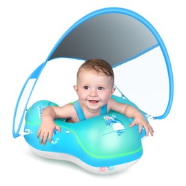 LAYCOL Baby Swimming Float Inflatable Baby Pool Float Ring with Sun Protection Canopy,add Tail no flip Over for Age of 3-36 Months (Blue, L)