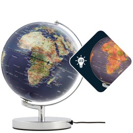 25cm Diameter Globe - TERRA LIGHT - Integrated Lighting with Brightly Illuminated Political Boundaries - Chrome Metal Base - Topographic Map - Movable Axis - Blue, Green - TROIKA
