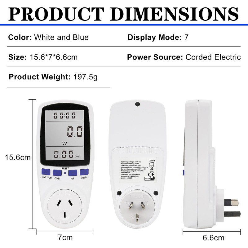240V Electricity Usage Monitor Plug Power Watt Voltage Amps Meter