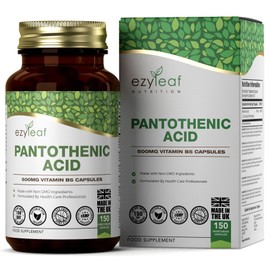 Ezyleaf Nutrition Ezyleaf Pantothenic Acid 500mg Supplement | 150 High Strength Vitamin B5 Capsules - Vitamin B5 Pantothenic Acid Capsules | ISO Certified, Non-GMO Gluten & Allergen Free | UK Made