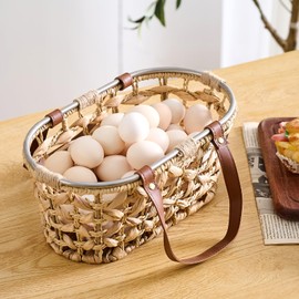 LGENHOOM Farmhouse Water Hyacinth Egg Baskets for Collecting Fresh Eggs Handmade Wicker Egg Collecting Basket Oval Storage Basket with Handle Picnic Basket Harvest Basket Bread Basket Bin