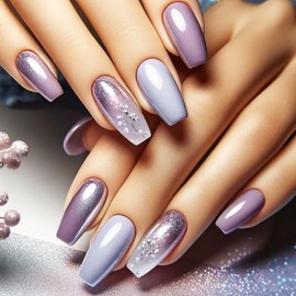 Medium Coffin Acrylic Full Cover False Nails Purple Flower Press on Nails Blue Gradient Stick on Nails Glossy Silver Glitter Fake Nails 24Pcs Wild Flowers Gel Glue on Nails for Coquette Women Girls