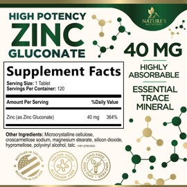 Zinc 40mg Supplements for Women and Men, Supplement for Immune Health Support, Skin Health Support, & Antioxidant Supplement for Adults with Zinc Gluconate 40 mg, High Potency, Non-GMO - 120 Tablets