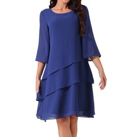 Seta T Women's Chiffon Dresses 3/4 Bell Sleeve Crewneck Tiered Layered Flowy Dress Party Wedding Outfits Medium Dark Blue
