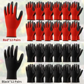 DF DUALFERV Gardening Gloves for Men, 24 Pairs Black & Red Breathable Rubber Coated Large Outdoor Yard Gloves with Extended Elastic Cuffs and Stretchy Fabric for Gardening, Construction, Machinery