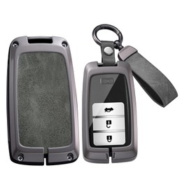 HIBEYO 2/3/4 Button Key Fob Cover Compatible with Honda Acura RLX MDX CDX TLX-L NSX RDX Accessories Alloy Leather Key Shell Smart Key Case with Keychains-Long Keychian Gray