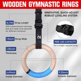 RENRANRING Gymnastic Rings Wooden Gym Rings 1.25'' Training Rings with 16.73ft Adjustable Numbered Straps, Olympic Rings for Home Gym, Workout, Exercise, Calisthenics, Pull Up