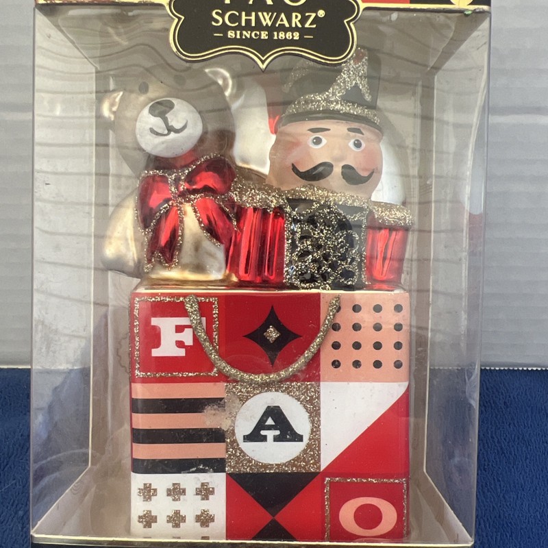 FAO Schwarz Gift Bag Nutcracker Teddy Bear Hand Blown Glass
