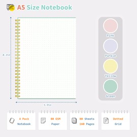 Umriox Small Spiral Notebook, 4 Pack A5 Dotted Spiral Notebook 5.9" x 8.3" Dot Grid Paper 160 Pages, Dot Grid Journal Notebook for Note Taking, Work, School