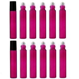 12PCS 10ML 0.3OZ Hot Pink Empty Glass Roller Bottles with Stainless Steel Roller Balls and Black Cap Essential Oil Perfume Holder Jar Pot Portable Refillable Container for Travel Daily Life