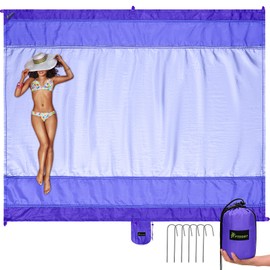 PTEROMY Beach Blanket Waterproof Sandproof, Extra Large Beach Mat with Storage Bag, Quick Drying Lightweight, 6 Stakes, Beach Accessories for Picnic, Travel (7x7 FT, Purple)