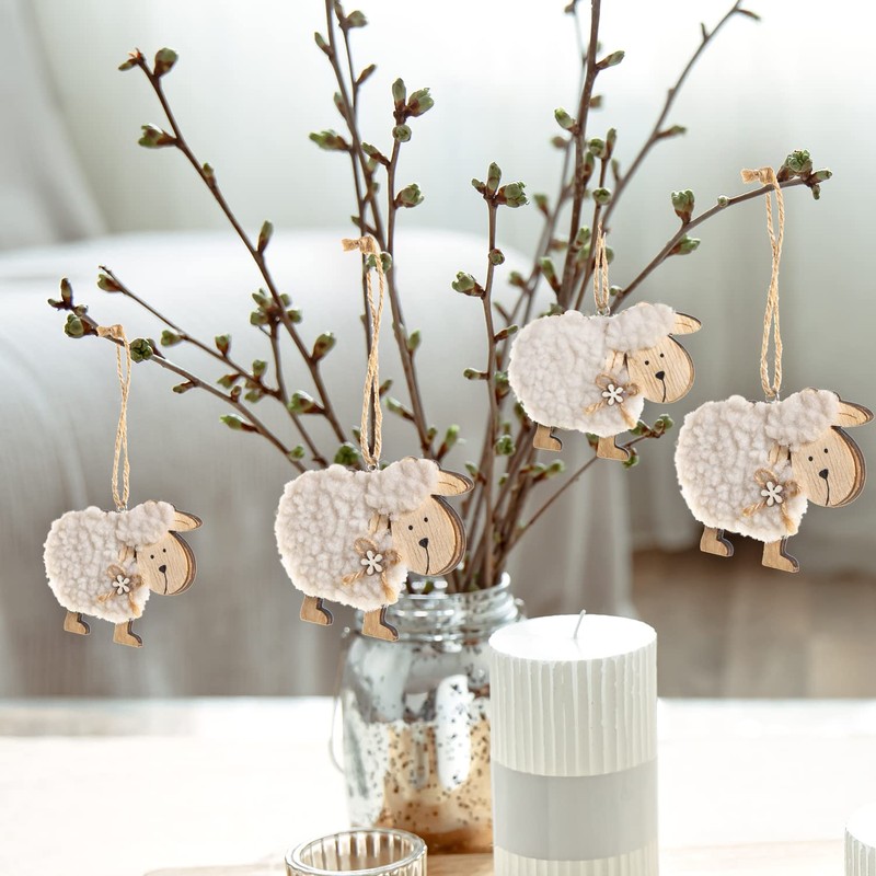 Logbuch-Verlag 8 Sheep Felt Easter Pendants Easter Natural Wood Sheep
