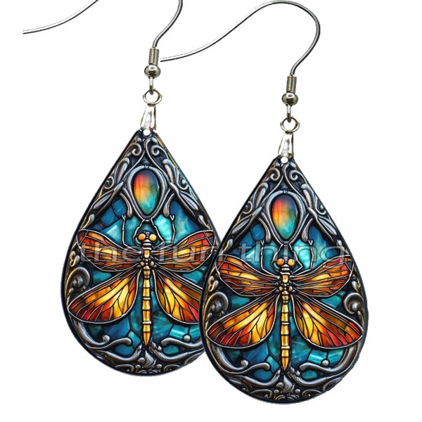 the fun things Faux Stained Glass Art Style Dragonfly Earrings