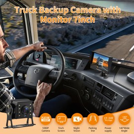 Wired Rear View Camera with 7" Monitor kit for Car Security, 1080P Truck Backup Camera 4 pin Connector Built-in LED Night Vision, Parking Line, 12V-24V for Truck