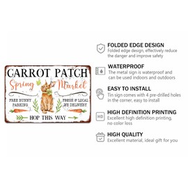 Carrot Patch Spring Market Metal Tin Sign Retro Vintage Easter Sign for Home Cafes Easter Farmhouse Wall Decor Bunny Rabbit Plaque Spring Decor 8x12 Inch