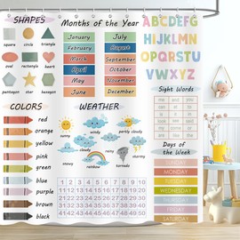 JAZEAOI Kids Educational Shower Curtain for Bathroom, Watercolor Alphabet Cartoon Pastel Numbers Shapes Colors Weather Knowledge Nursery Home Decor, Polyester Fabric Bath Curtain with Hooks 72x72 Inch