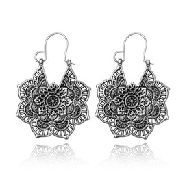 Hithop Vintage Mandala Flower Drop Dangle Earring for Women Girl Tribal Hollow Floral Pendant Earrings (Silver)