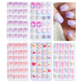 False Nails Press on Nails for Kids-Flower Heart Print Short False Artificial Full Cover Nail Art Kits Nail Glue Tabs for Girls Children (120pcs glitter nails)