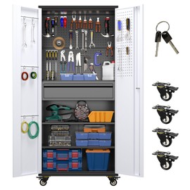 Aobabo Garage Storage Cabinet with Wheels, Metal Tool Storage Cabinet with 1 Drawer for Home,Assembly Required,Black&Grey