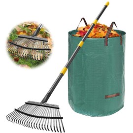 Vorhomness Metal Rake for Leaves Set with 25 Tines, Adjustable 73 Inch Long, 18 Inch Wide Heavy Duty Garden Leaf Rake with 32 Gallon Reusable Leaf Bag, Ideal for Yard Lawn Shrub Gardening