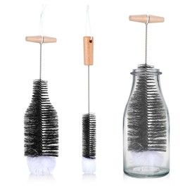 2Pcs Water Bottle Cleaner Brush Set with Hanging Strap, Wooden Handle Bottles Cleaner Brush for SodaStream Bottle, Nylon & Cotton Bristles Bottles Brushes for Cleaning
