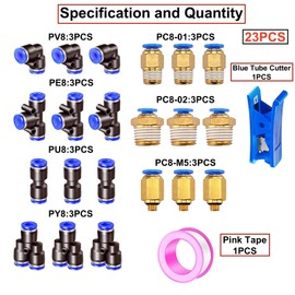 HUAZIZ 20 m PU Pneumatikschlauch, Schwarz Pneumatic Polyurethane Pneumatik Schlauch, Flexibel Druckluftschlauch, mit 21 Stück Pneumatikverbinder Air Push Schnellkupplungen, Außen 8mm x Innen 5mm
