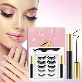 Magnetic Eyelashes with Eyeliner Kit,3D Upgraded Magnetic Eyelashes Kit with 5 Pairs Reusable False Eyelashes Natural Look, Tweezers and Eyeliner- Easy to Wear