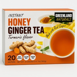 Ginger Tea Turmeric Honey Flavor 20 Instant Sachets - Natural Turmeric Earthy Spicy Sharp Taste - Caffeine Free Gluten Free 12.70 oz Total