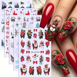 Christmas Nail Art Stickers Decals Snowman Candy Cane Christmas Nail Stickers 5PCS 3D Self-Adhesive Snowflake Ball Flower Deer Design Holiday Nail Decals Manicure Supply for Women DIY Nail Decorations