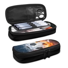 HUGS IDEA Water Fire Soccer Large Pencil Case for Boys Girls Big Capacity Zipper Pencil Case, Office School Supplies Pencil Holder Case Stationery Organizer Bag