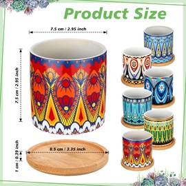 Zopeal 6 Pcs 3 Inch Succulent Pots Succulent Planters Cylinder Ceramic Pots Mandala Multicolor Cactus Pot with Drainage Holes and Bamboo Trays for Indoor Plants Flowers Garden Decoration(Basic)