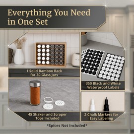 BOURBON & BARREL Wooden Spice Rack Organizer with Glass Jars | Stainless Steel Lids | Bamboo Countertop Spice Organization | 350 Waterproof Spice Labels | 2 Chalk Markers | 30 4oz Jars [Bamboo]
