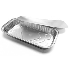 PACTOGO 3 lb. Oblong Aluminum Foil Entrée Take-Out Pan with Board Lid Disposable Containers 12.37" x 6.57" x 1.43" (Pack of 50 Sets)