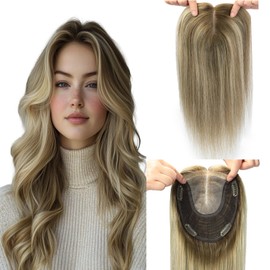 HappyNewHair Hair Toppers for Women Real Human Hair, 360° Cover 6x7inch Large Base 12inch 55g Hair Pieces for Women with Thinning Dark Brown To Ash Brown Medium Blond (#3/8/22Toppers-12inch)