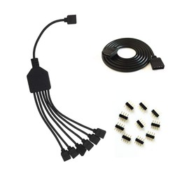 HUALAND 4 Pins Black RGB LED Splitter Cable LED Strip Connector 6 Way Splitter Y Splitter for One to six RGB 5050 3528 LED Light Strips with,1m RGB Wire，10x Male 4 Pin Plugs