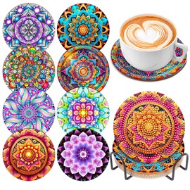 8 Pcs Diamond Art Painting Coasters with Holder, DIY Boho Mandala Flower Diamond Art Coasters for Drinks Diamond Art Painting Kits for Beginners, Diamond Craft Supplies for Adults Kids, Coasters Gift