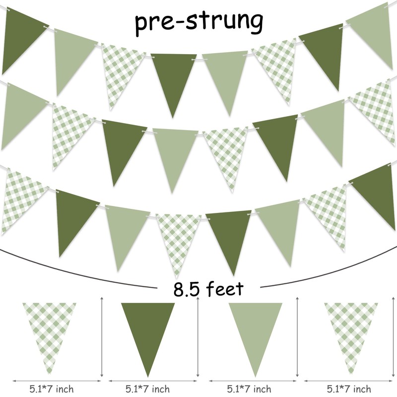 3Pcs Sage Green Gingham Pennant Banner Pre-Strung Triangle Flag Garland