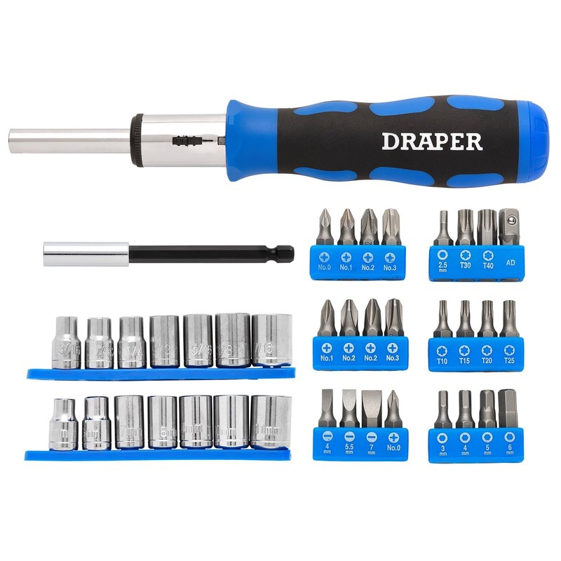 Draper 21010 Ratchet Screwdriver Socket and Bit Set, 1/4" Sq.