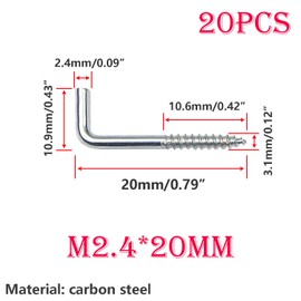 Ctyjia 20 pcs Screw Hooks, L Hook Screws, Self Tapping Screw Hooks, Right Angle Hooks, Screw-in Hooks for Hanging Cups, Keys, M2.4 x 20 mm