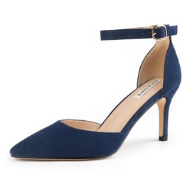 JOY IN LOVE Closed Toe Heels Pumps for Women 3IN Stiletto Pointed Toe Ankle Strap Heels Navy Suede US11