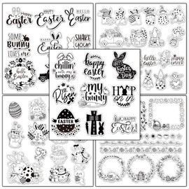 Whaline 5 Sheet Easter Clear Stamps Bunny Rabbit Egg Gnome Words Silicone Transparent Stamps Border Rubber Stamp Cards for DIY Crafts Card Making Scrapbooking Album Supplies