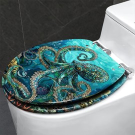 DERUINVAIO Colored Toilet Seat with Slow Close, Teal Blue Ocean Octopus Coral Reefs Resin Toilet Seats, Easy to Install, Easy to Clean Heavy Duty Deluxe Toilet Seat
