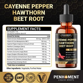 10in1 Cayenne Pepper Liquid Drops + Hawthorn Berry, Vitamin D3 K2, Beet Root, Turmeric, Ginger and More - Digestion Support - 2 Fl Oz - 2 Months Supply