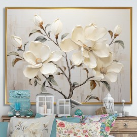 beige Gold framed wall art, Magnolias framed wall Art, Blooming Flowers In Beige And Green Magnolias, Magnolias framed wall art decor, 44x34 inches Gold Frame