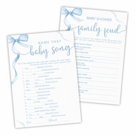 5"X 7" Baby Shower Games Kit, 30 Pcs Blue Bow Baby Song & Family Feud Two-In-One Game Cards With Answer Card, For Parents-To-Be, Baby Announcement, Gender Reveal, Party Favor & Decorations - F10