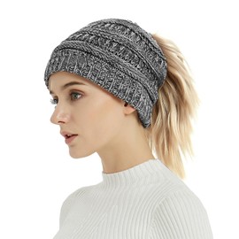 GNEGNI Women Beanie Hat with Cable Hole, Winter Knitted Ponytail Beanie Hat Stretch Slouchy BeanieTail for Women