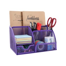 EasyPAG Office Mesh Desk Tidy Versatile Stationery Storage Desktop Organiser Pen Holder with Drawer,Purple
